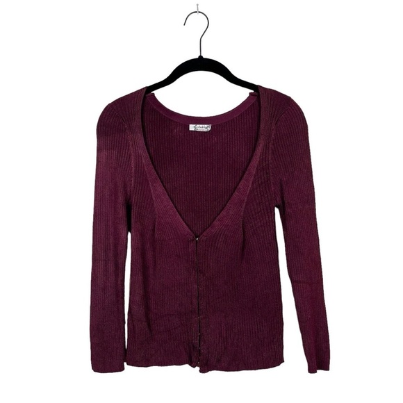 Free People Maya Swit Burgundy Ribbed Cardigan Sweater 3/4 Sleeve Size Small - Picture 1 of 9